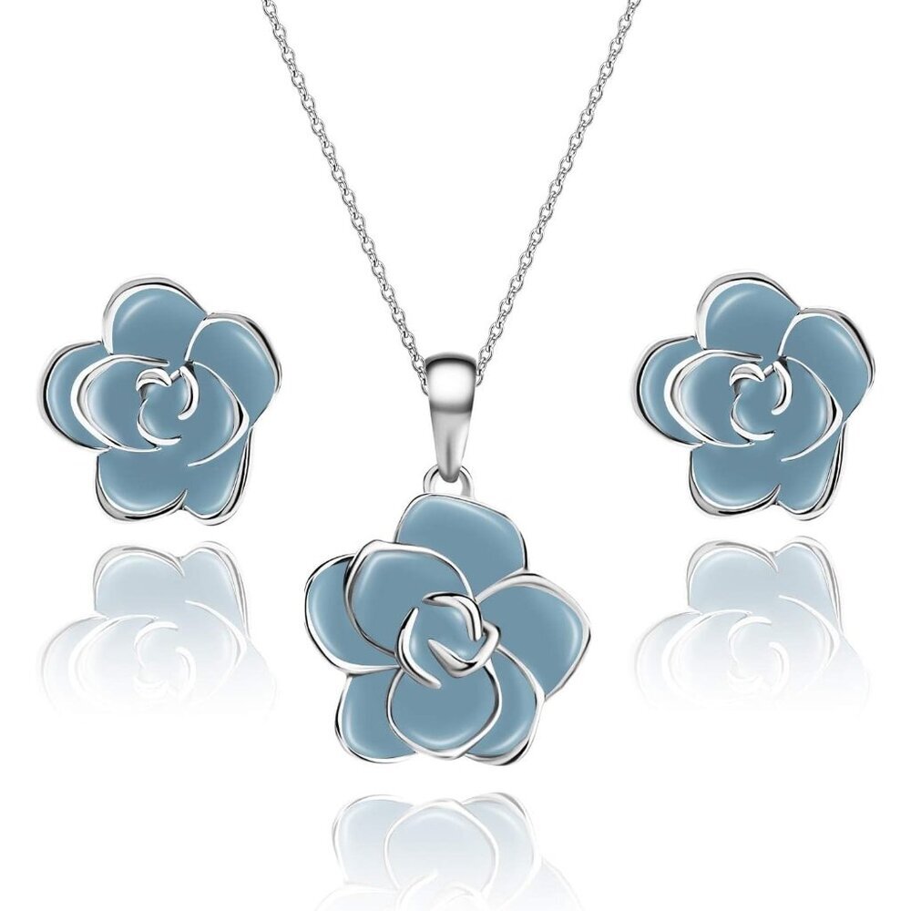 〽️Women Classic Blue Rose Flower Necklace Earrings Set Gold Plated Jewelry Set